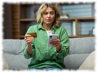 Immagine raffigurante una donna con in mano uno smartphone e dall'altra una carta di credito