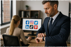Uomo in abito elegante guarda l’orologio mentre un’impiegata lavora al computer con loghi social sullo schermo, rappresentando l’attesa e il tempo perso nella gestione manuale dei social, che RiferiSync automatizza.