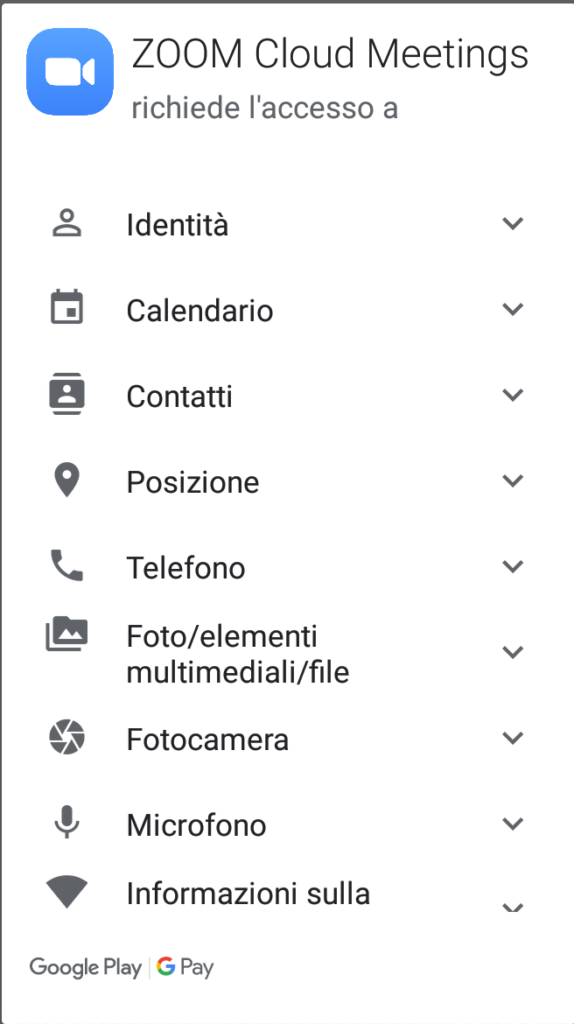 permessi richiesti dall'app zoom