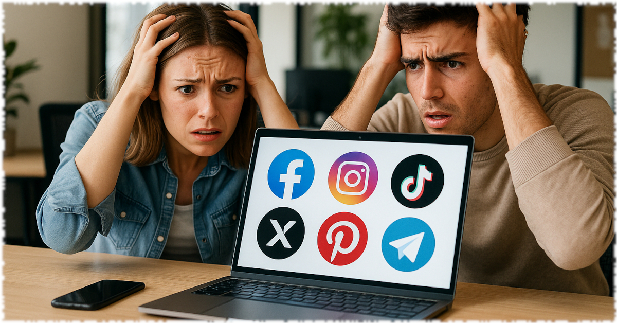 Due persone davanti a un computer frustrate dalla gestione dei social, rappresentano la complessità che RiferiSync risolve con la pubblicazione automatica.