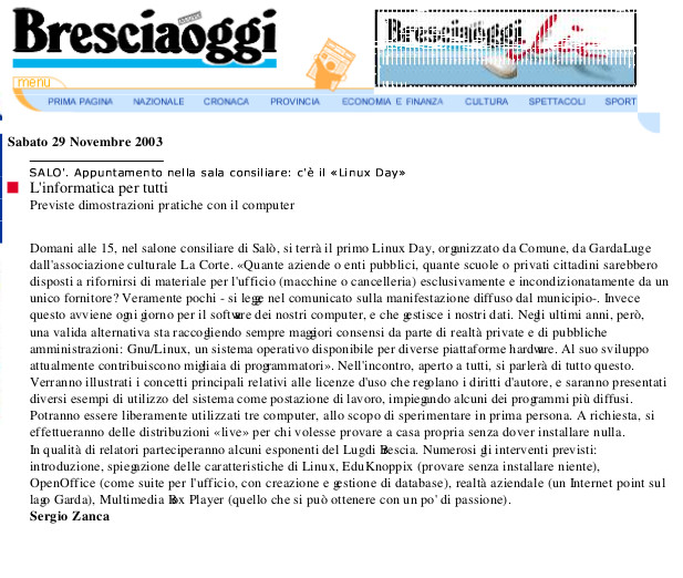 Articolo di Brescia Oggi del 29 novembre 2003 sul Linux Day di Salò