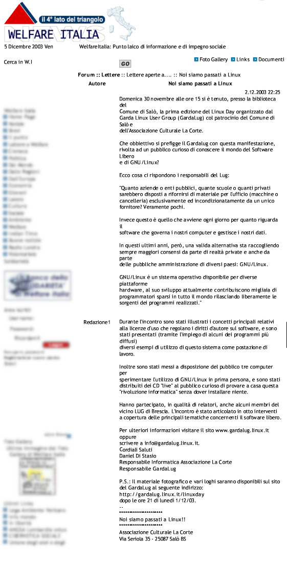 Articolo di Welfare Italia del 2 dicembre 2003 sul Linux Day di Salò